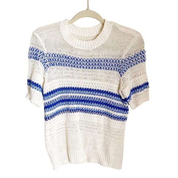 Current/Elliott The Mixed Stitch Stripe Half-Sleeve Sweater Blue Horizon 1 Small - Picture 2 of 5